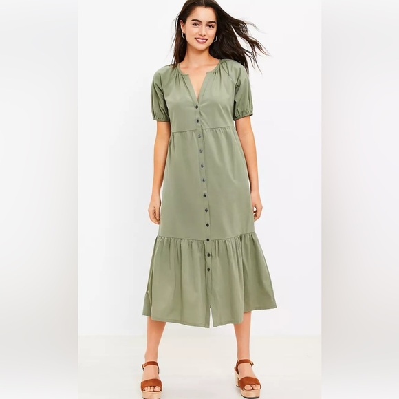 LOFT Dresses & Skirts - NWT! Loft Sage Tiered Midi Shirtdress Split V Button Front Short Sleeve Size M